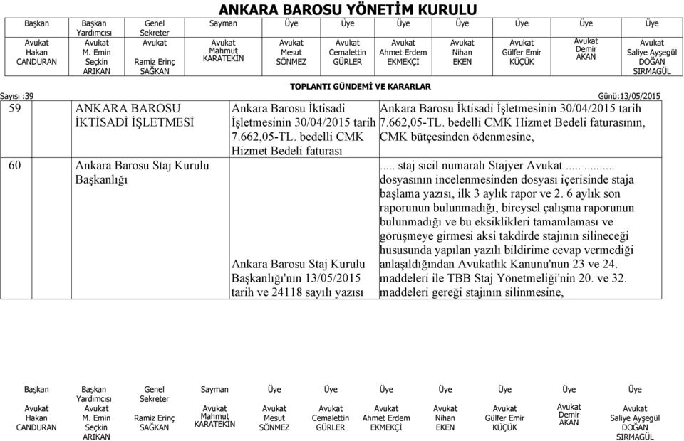 bedelli CMK Hizmet Bedeli faturasının, CMK bütçesinden ödenmesine,... staj sicil numaralı Stajyer...... dosyasının incelenmesinden dosyası içerisinde staja başlama yazısı, ilk 3 aylık rapor ve 2.