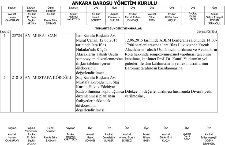 2015 tarihinde ABEM konferans salonunda 14:00-17:00 saatleri arasında İcra İflas Hukuku'nda Küçük Alacakların Tahsili Usulü hızlandırılması ve ların Rolü hakkında sempozyum/panel yapılması talebinin