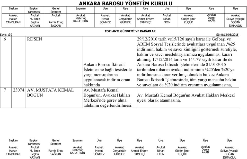 29/12/2010 tarih ve15/126 sayılı karar ile Gölbaşı ve ABEM Sosyal Tesislerinde avukatlara uygulanan,%25 indirimin, hakim ve savcı kimliğini göstermek suretiyle, hakim ve savcı meslektaşlarımıza