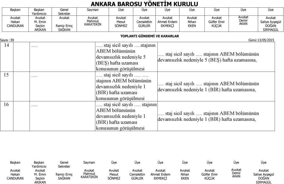 ..... staj sicil sayılı... stajının ABEM bölümünün... staj sicil sayılı... stajının ABEM bölümünün devamsızlık nedeniyle 1 devamsızlık nedeniyle 1 (BİR) hafta uzamasına, (BİR) hafta uzaması konusunun görüşülmesi