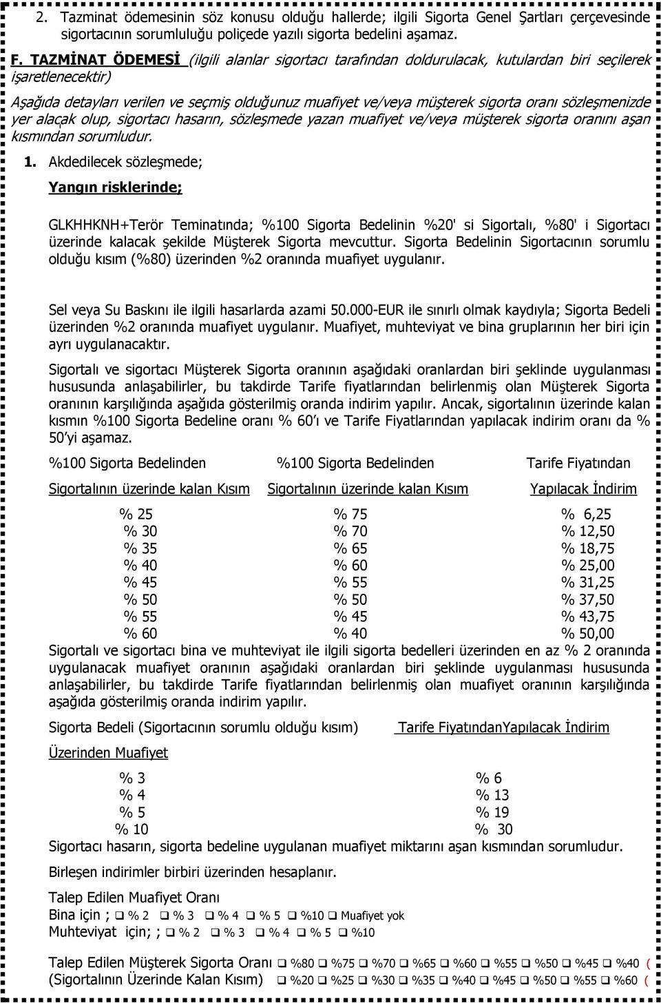 sözleşmenizde yer alacak olup, sigortacı hasarın, sözleşmede yazan muafiyet ve/veya müşterek sigorta oranını aşan kısmından sorumludur. 1.