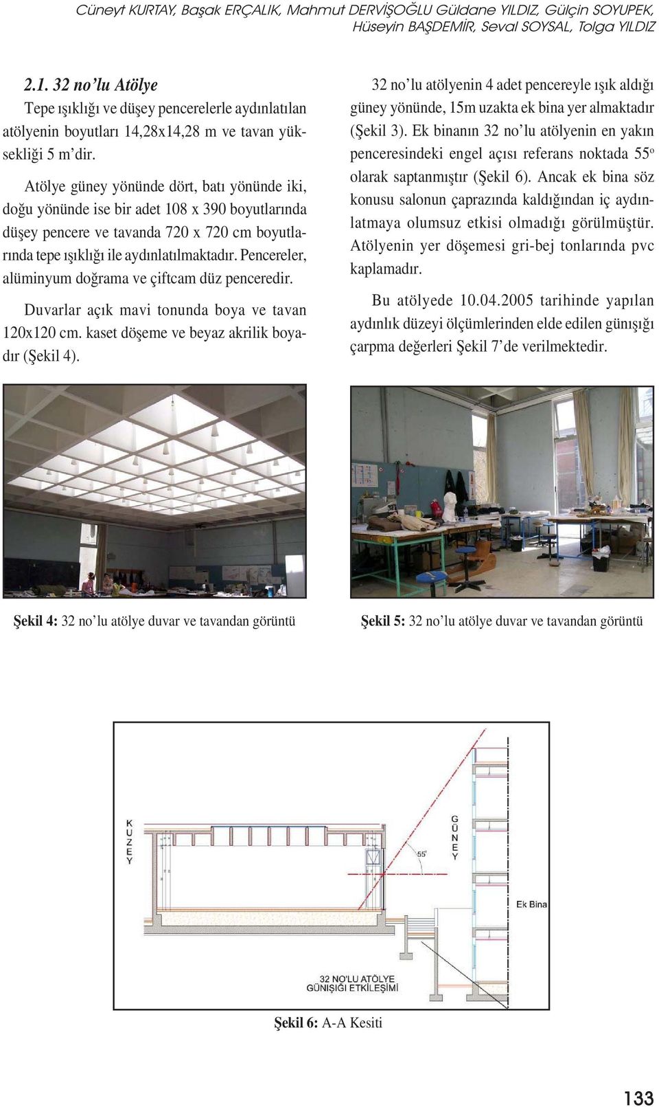 Atölye güney yönünde dört, batı yönünde iki, doğu yönünde ise bir adet 108 x 390 boyutlarında düșey pencere ve tavanda 720 x 720 cm boyutlarında tepe ıșıklığı ile aydınlatılmaktadır.