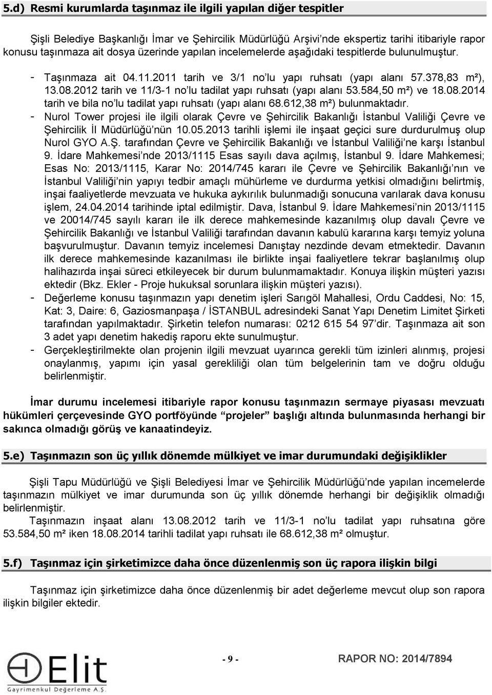 2012 tarih ve 11/3-1 no lu tadilat yapı ruhsatı (yapı alanı 53.584,50 m²) ve 18.08.2014 tarih ve bila no lu tadilat yapı ruhsatı (yapı alanı 68.612,38 m²) bulunmaktadır.