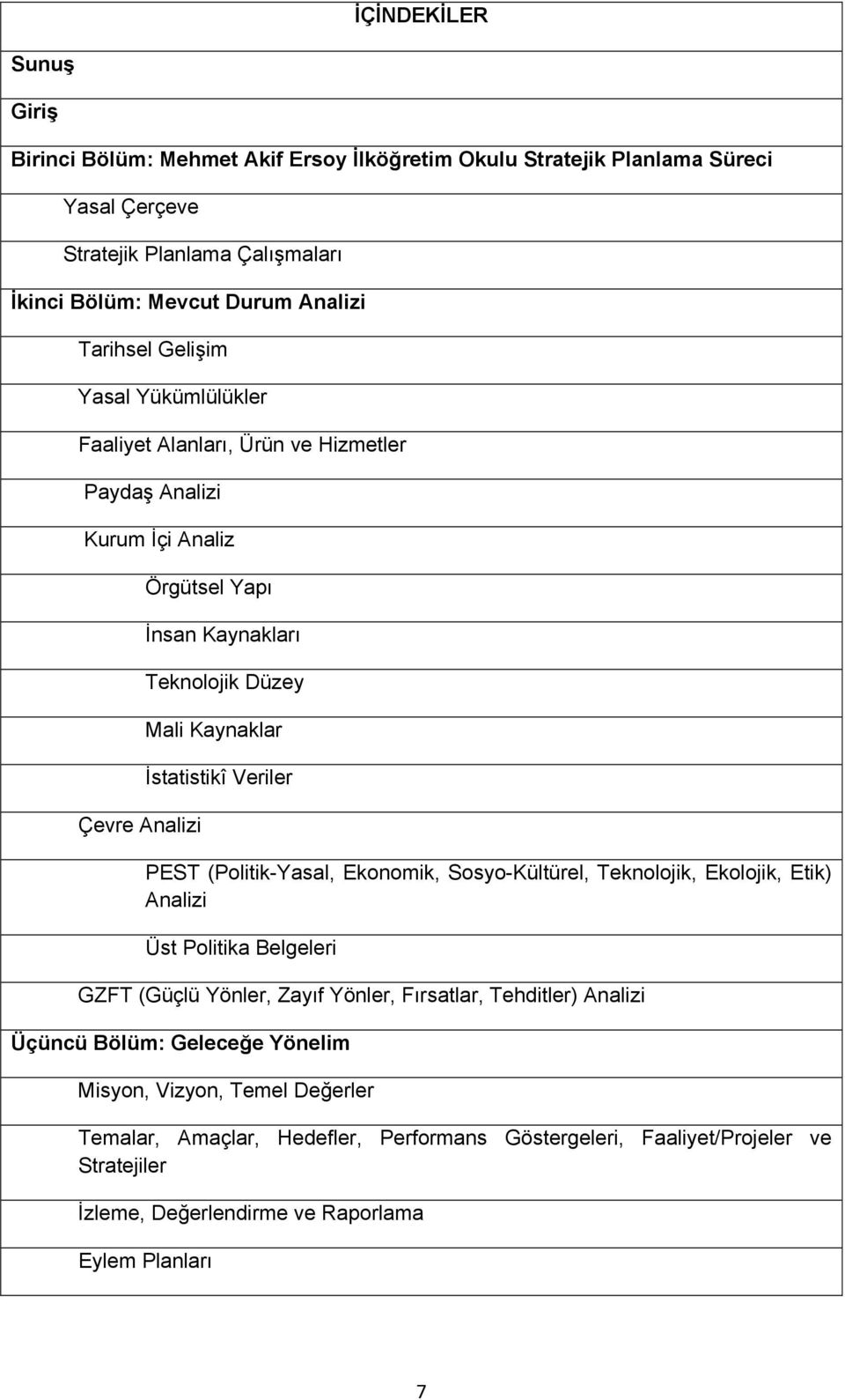 İstatistikî Veriler PEST (Politik-Yasal, Ekonomik, Sosyo-Kültürel, Teknolojik, Ekolojik, Etik) Analizi Üst Politika Belgeleri GZFT (Güçlü Yönler, Zayıf Yönler, Fırsatlar, Tehditler)