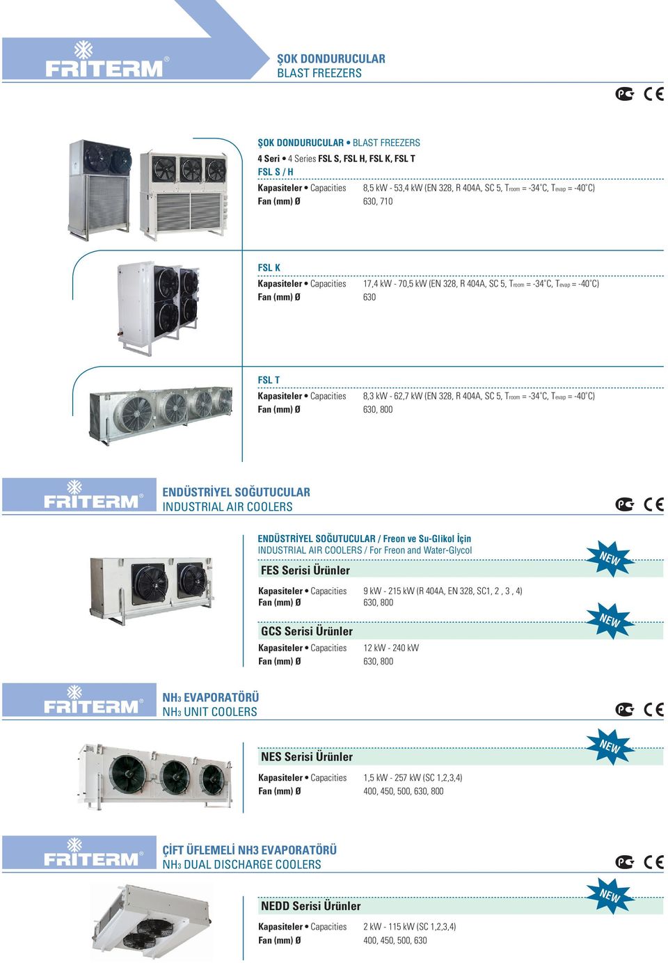 800 ENDÜSTR YEL SO UTUCULAR INDUSTRIAL AIR COOLERS ENDÜSTR YEL SO UTUCULAR / Freon ve Su-Glikol çin INDUSTRIAL AIR COOLERS / For Freon and Water-Glycol FES Serisi Ürünler NEW Capacities 9 kw - 215 kw