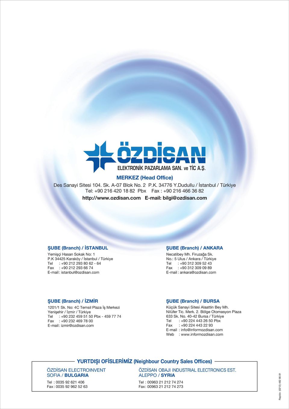 K 34425 Karaköy / stanbul / Türkiye Tel : +90 212 293 80 62-64 Fax : +90 212 293 66 74 E-mail : istanbul@ozdisan.com fiube (Branch) / ANKARA Necatibey Mh. Firuza a Sk. No.