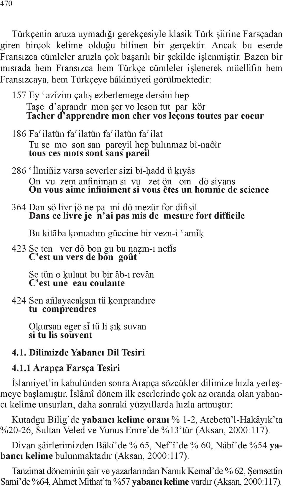 Bazen bir mısrada hem Fransızca hem Türkçe cümleler işlenerek müellifin hem Fransızcaya, hem Türkçeye hâkimiyeti görülmektedir: 157 Ey èazìzim çalış ezberlemege dersini hep Taşe d aprandr mon şer vo