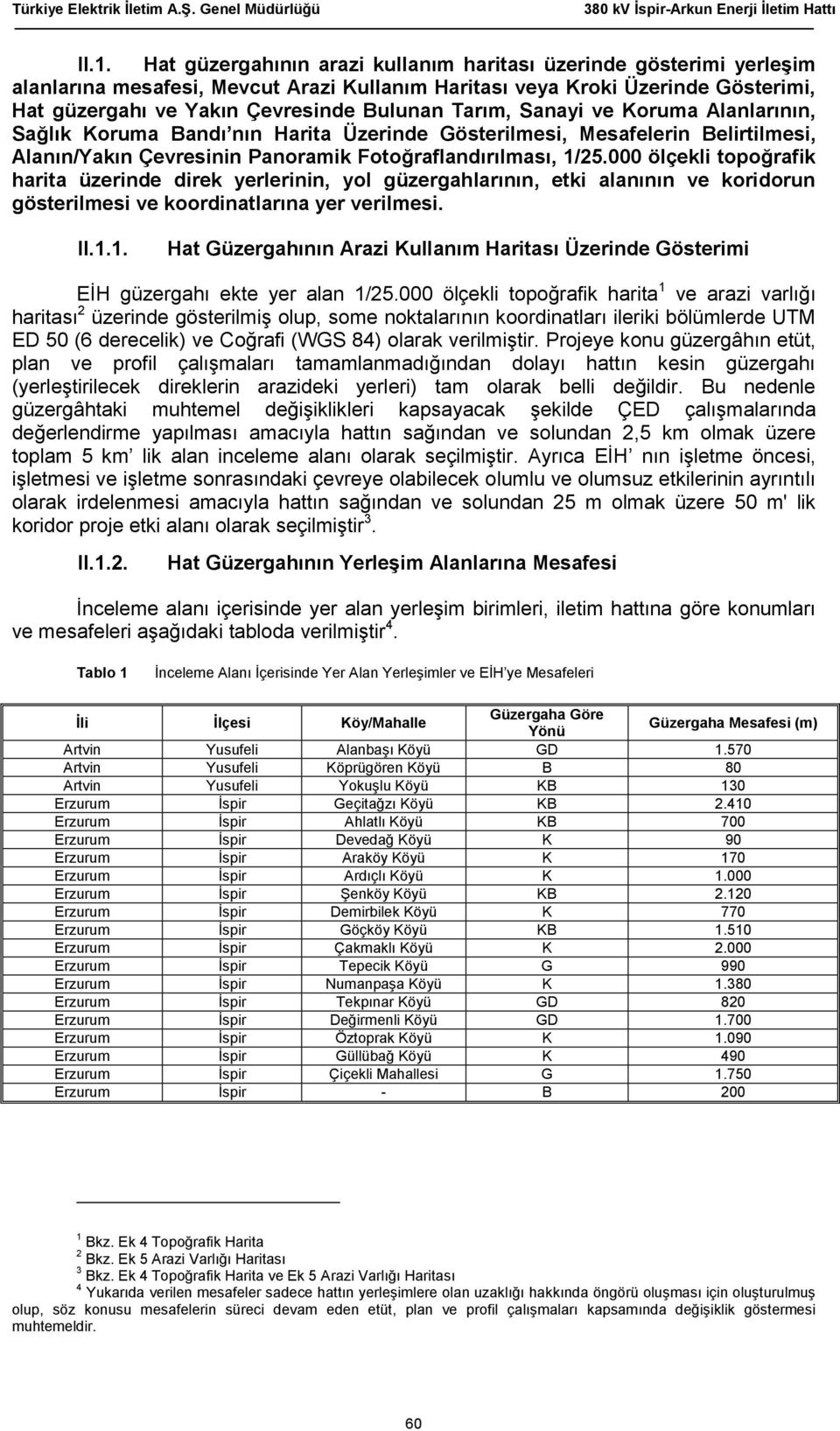 000 ölçekli topoğrafik harita üzerinde direk yerlerinin, yol güzergahlarının, etki alanının ve koridorun gösterilmesi ve koordinatlarına yer verilmesi. II.1.