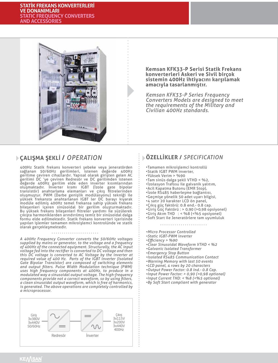 ÇALIŞMA ŞEKLİ / OPERATION 400Hz Statik frekans konverteri şebeke veya jeneratörden sağlanan 50/60Hz gerilimleri, istenen değerde 400Hz gerilime çeviren cihazlardır.