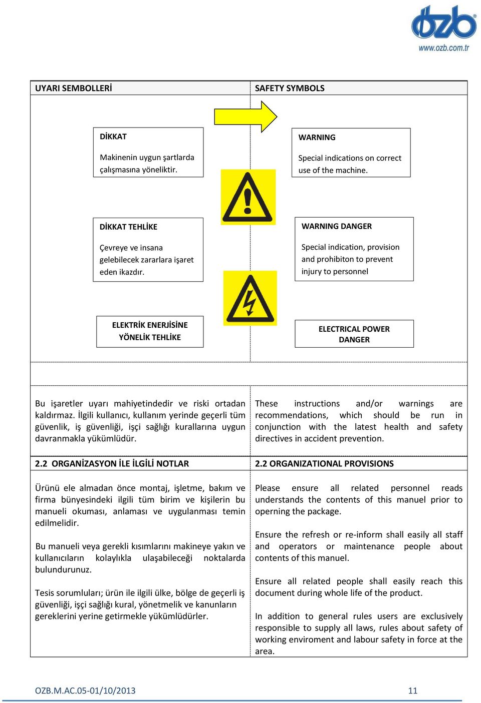 WARNING DANGER Special indication, provision and prohibiton to prevent injury to personnel ELEKTRİK ENERJİSİNE YÖNELİK TEHLİKE ELECTRICAL POWER DANGER Bu işaretler uyarı mahiyetindedir ve riski