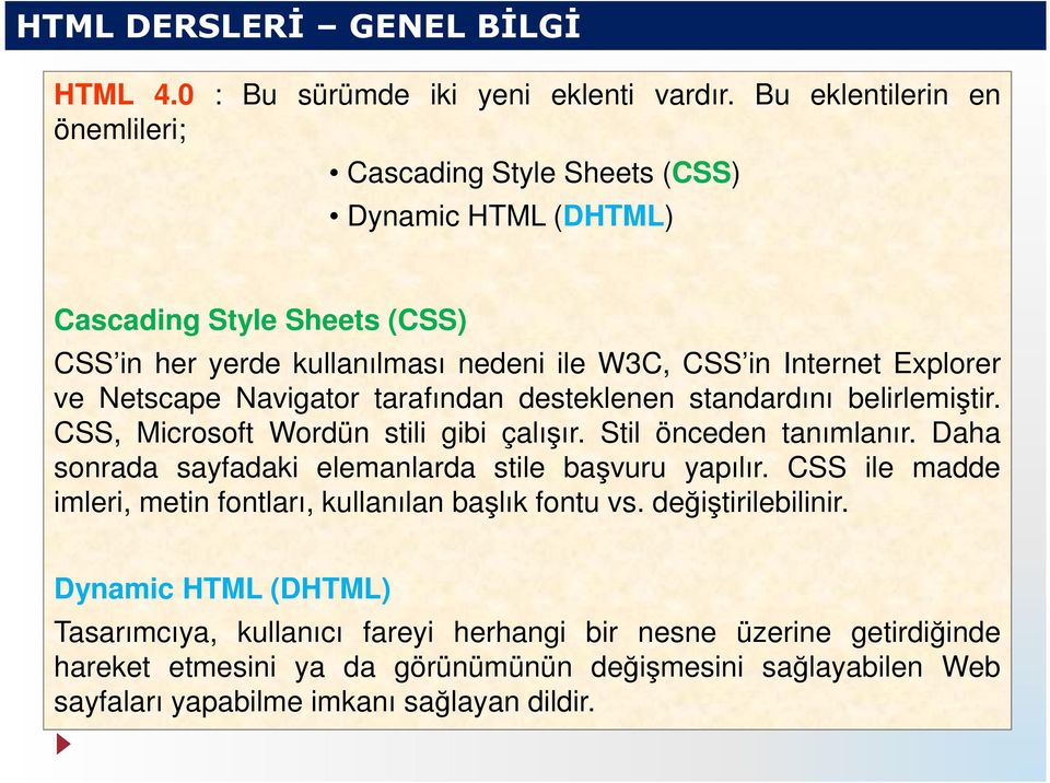 Netscape Navigator tarafından desteklenen standardını belirlemiştir. CSS, Microsoft Wordün stili gibi çalışır. Stil önceden tanımlanır.