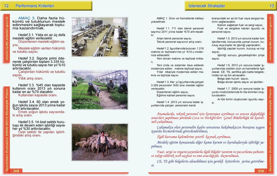 Çalıştırılan hükümlü ve tutuklu sayısı, Yıllık artış oranı. Hedef 3.3. %45 olan kapasite kullanım oranı 2013 yılı sonuna kadar en az %70 olacaktır. Kullanılan kapasite oranı. Hedef 3.4. 60 olan emek yoğun işkolu sayısı 2013 yılına kadar %20 artırılacaktır.