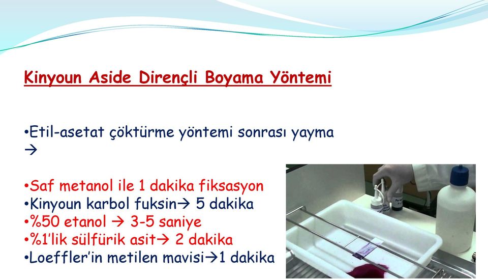 Kinyoun karbol fuksin 5 dakika %50 etanol 3-5 saniye %1