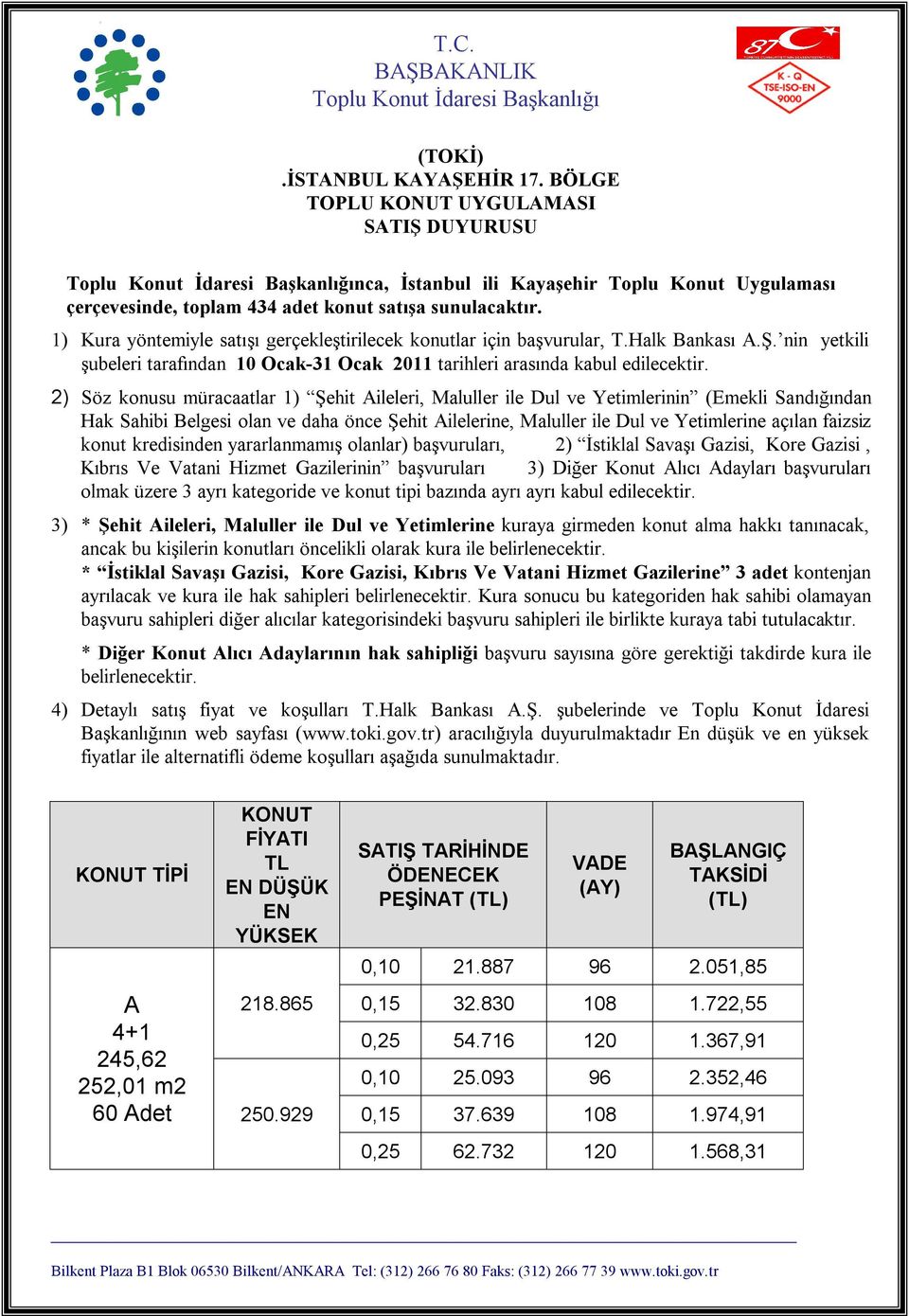 1) Kura yöntemiyle satışı gerçekleştirilecek konutlar için başvurular, T.Halk Bankası A.Ş. nin yetkili şubeleri tarafından 10 Ocak-31 Ocak 2011 tarihleri arasında kabul edilecektir.