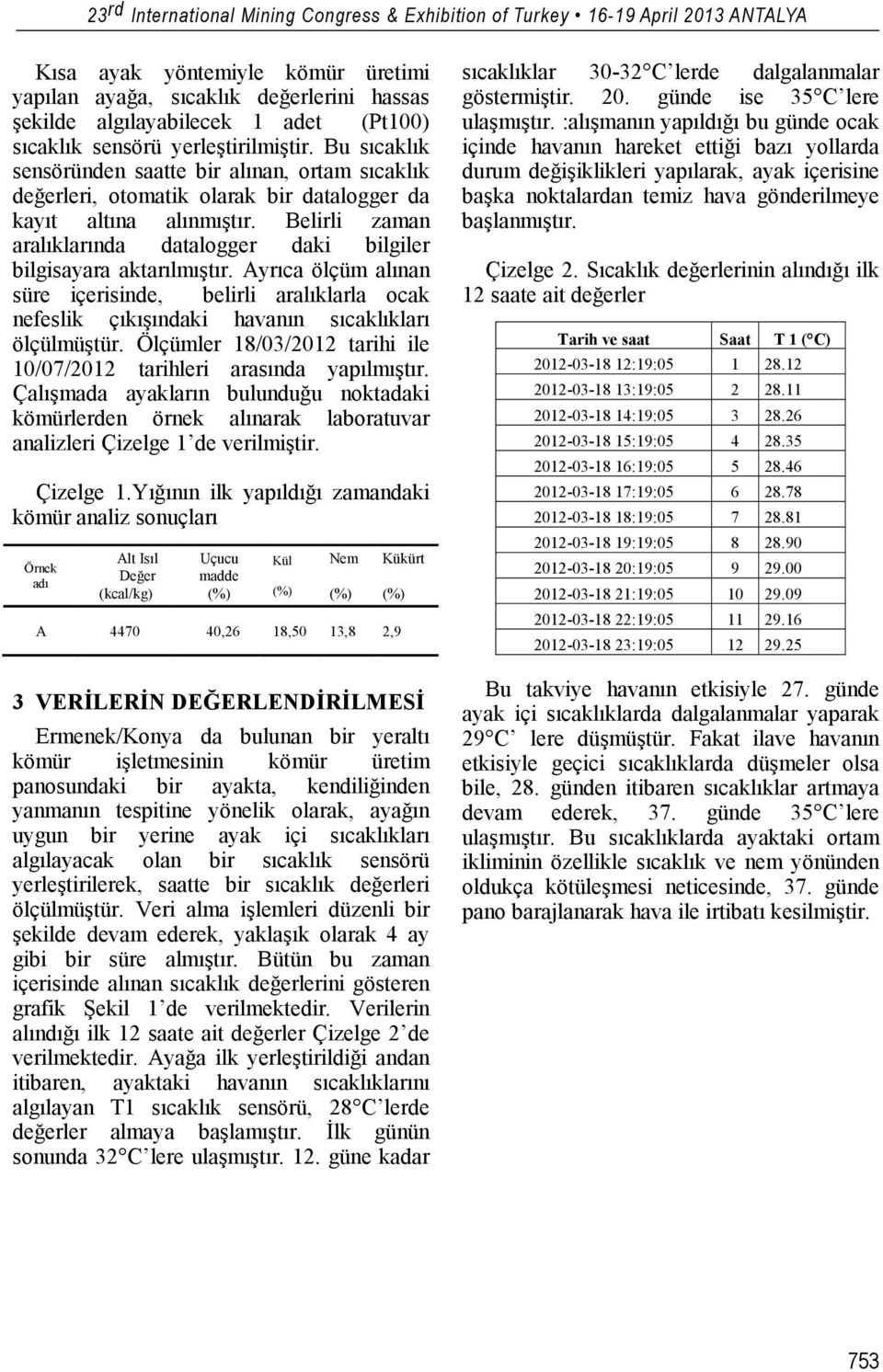 Belirli zaman aralıklarında datalogger daki bilgiler bilgisayara aktarılmıştır. Ayrıca ölçüm alınan süre içerisinde, belirli aralıklarla ocak nefeslik çıkışındaki havanın sıcaklıkları ölçülmüştür.