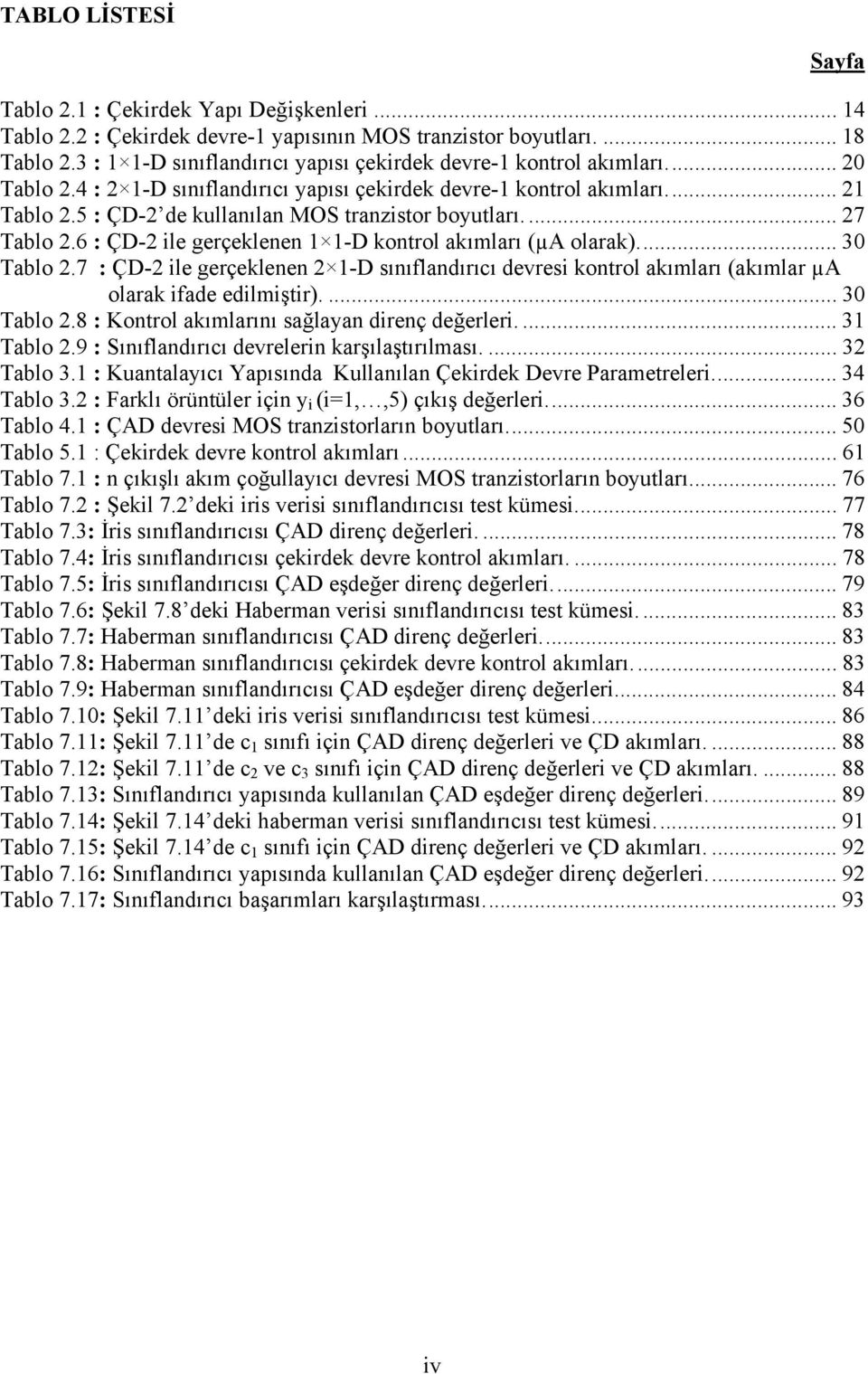 7 : ÇD- ile geçeklenen -D sınıflandııcı deesi kontol akımlaı (akımla µa olaak ifade edilmişti).... 30 Tablo.8 : Kontol akımlaını sağlayan dienç değelei.... 3 Tablo.