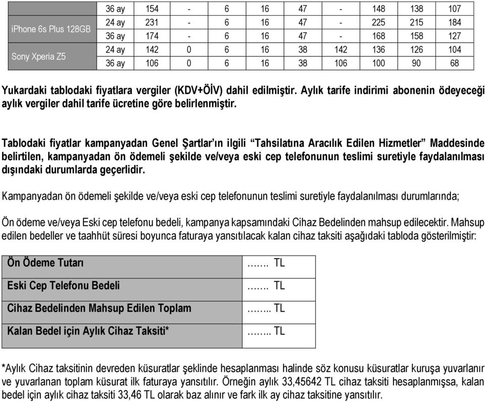 Tablodaki fiyatlar kampanyadan Genel Şartlar ın ilgili Tahsilatına Aracılık Edilen Hizmetler Maddesinde belirtilen, kampanyadan ön ödemeli şekilde ve/veya eski cep telefonunun teslimi suretiyle