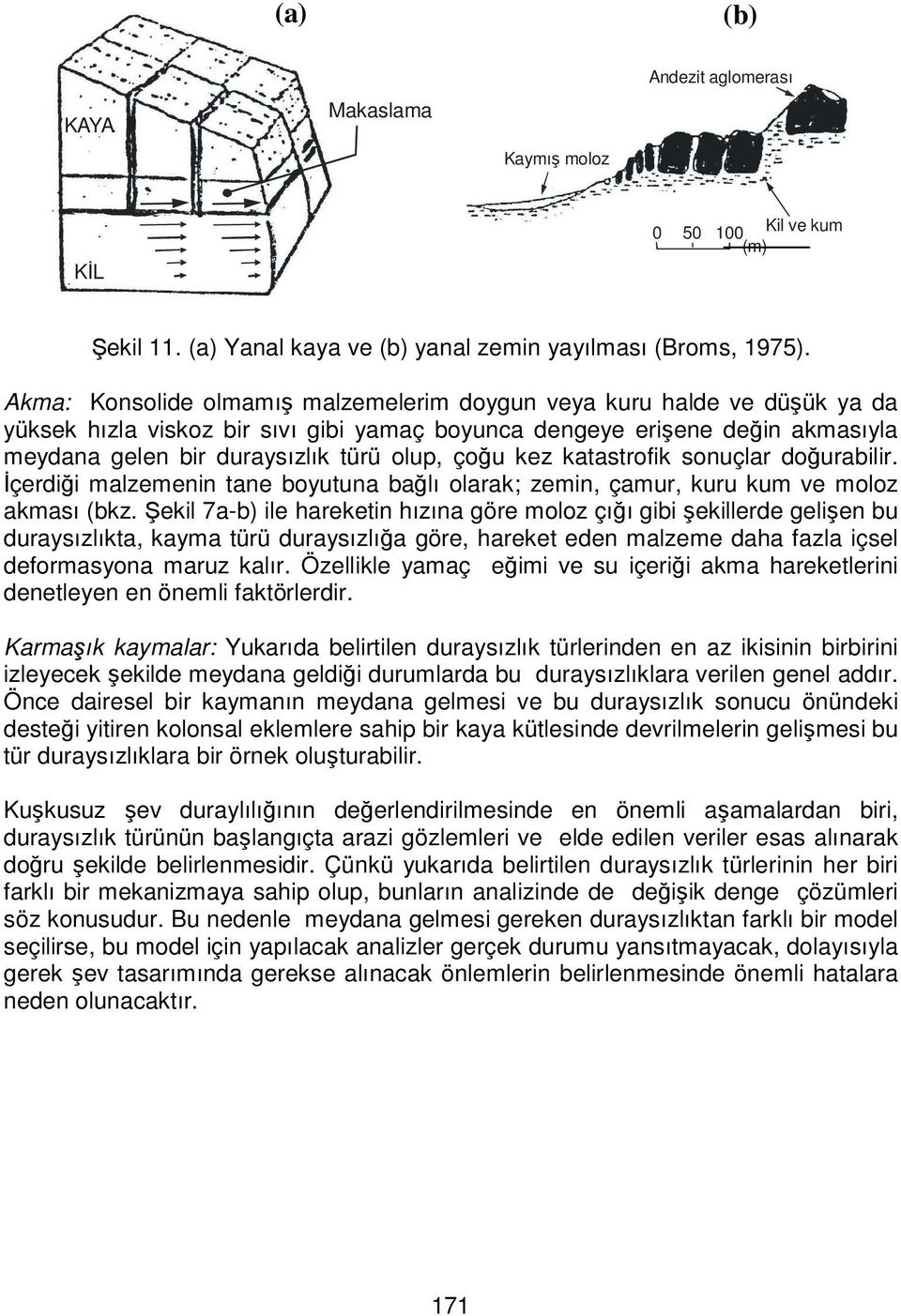 çoğu kez katastrofik sonuçlar doğurabilir. Đçerdiği malzemenin tane boyutuna bağlı olarak; zemin, çamur, kuru kum ve moloz akması (bkz.