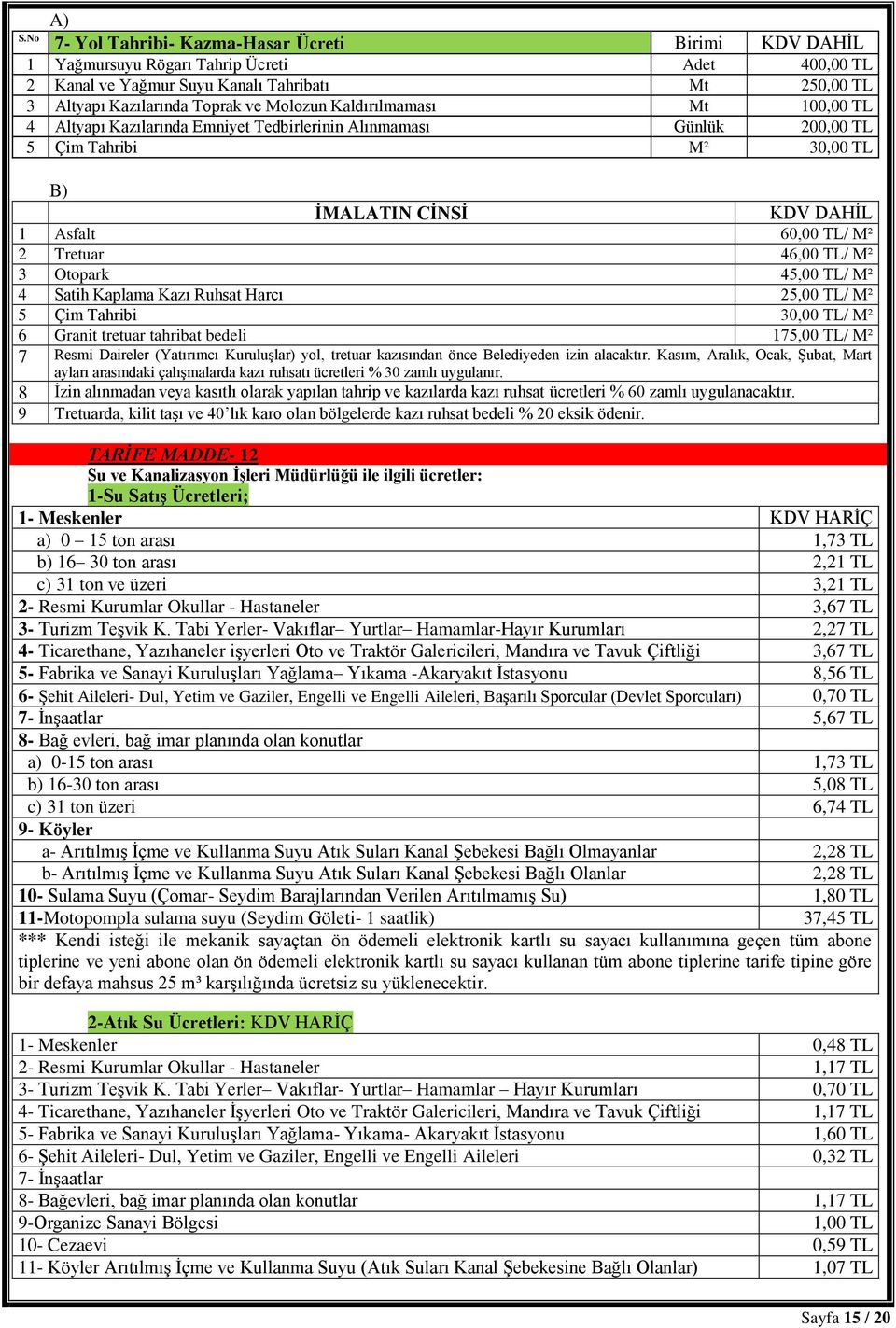 No B) İMALATIN CİNSİ KDV DAHİL 1 Asfalt 60,00 TL/ M² 2 Tretuar 46,00 TL/ M² 3 Otopark 45,00 TL/ M² 4 Satih Kaplama Kazı Ruhsat Harcı 25,00 TL/ M² 5 Çim Tahribi 30,00 TL/ M² 6 Granit tretuar tahribat