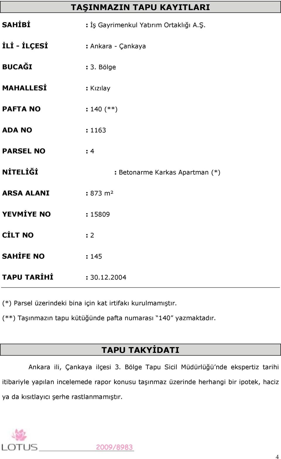 SAHĠFE NO : 145 TAPU TARĠHĠ : 30.12.2004 (*) Parsel üzerindeki bina için kat irtifakı kurulmamıştır. (**) Taşınmazın tapu kütüğünde pafta numarası 140 yazmaktadır.