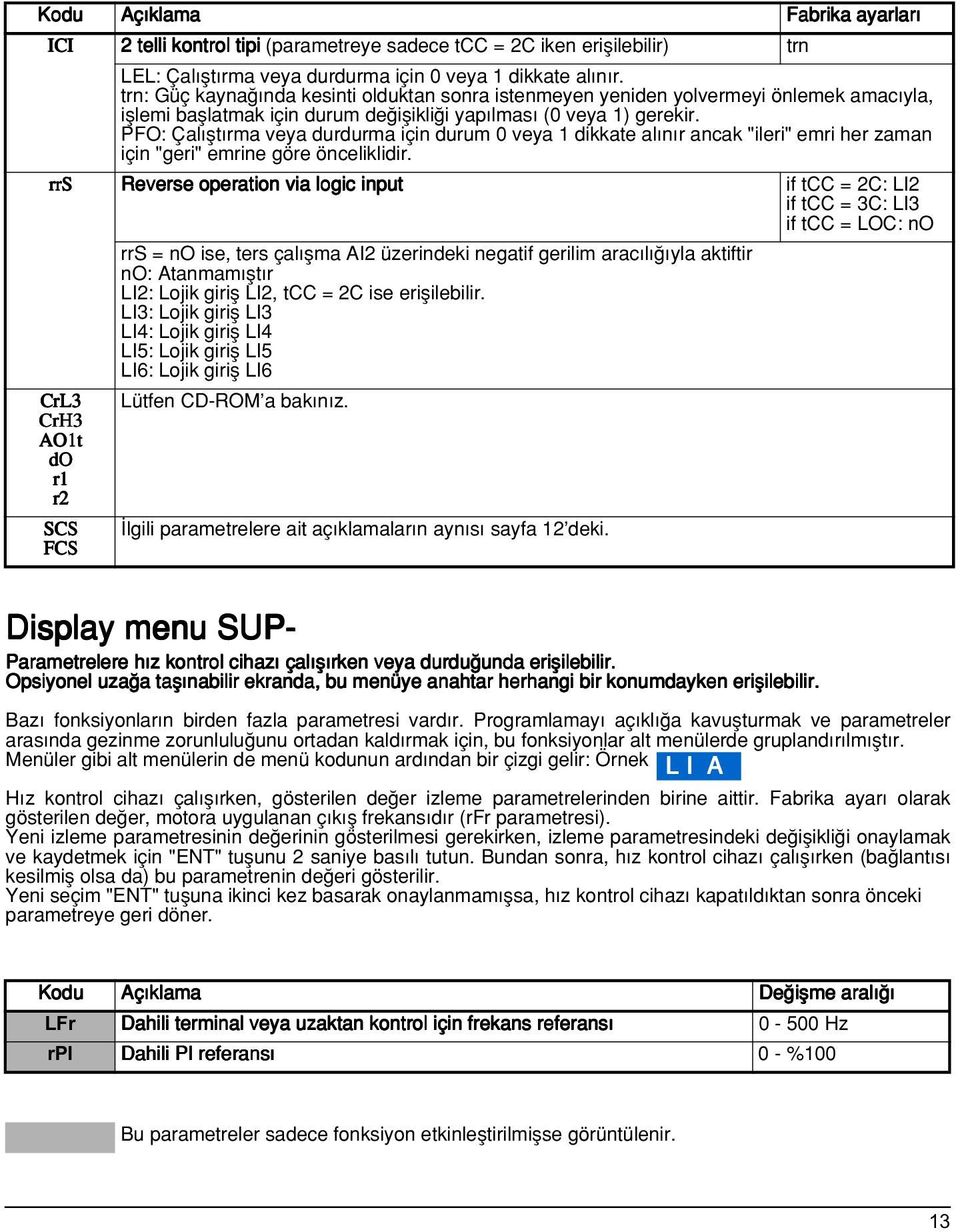 PFO: Çal flt rma veya durdurma için durum 0 veya 1 dikkate al n r ancak "ileri" emri her zaman için "geri" emrine göre önceliklidir.