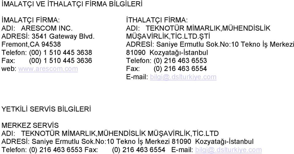 No:10 Tekno İş Merkezi Telefon: (00) 1 510 445 3638 81090 Kozyatağı-İstanbul Fax: (00) 1 510 445 3636 Telefon: (0) 216 463 6553 web: www.arescom.