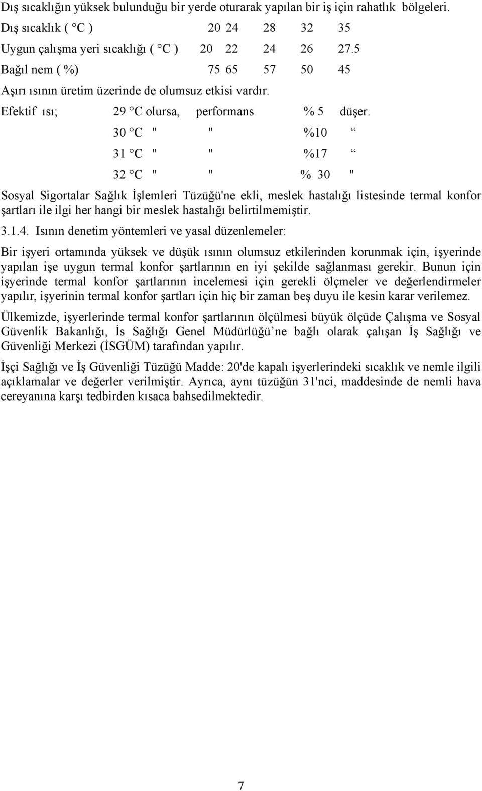 30 C " " %10 31 C " " %17 32 C " " % 30 " Sosyal Sigortalar Sağlık İşlemleri Tüzüğü'ne ekli, meslek hastalığı listesinde termal konfor şartları ile ilgi her hangi bir meslek hastalığı