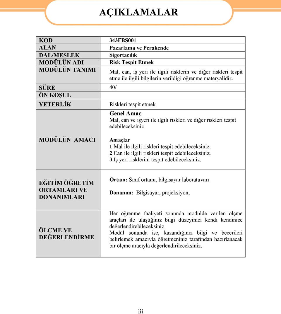 Riskleri tespit etmek Genel Amaç Mal, can ve işyeri ile ilgili riskleri ve diğer riskleri tespit edebileceksiniz. MODÜLÜN AMACI Amaçlar 1.Mal ile ilgili riskleri tespit edebileceksiniz. 2.