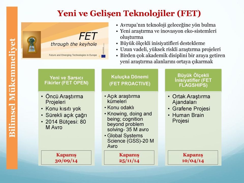 Projeleri Konu kısıtı yok Sürekli açık çağrı 2014 Bütçesi: 80 M Avro Kapanış 30/09/14 Kuluçka Dönemi (FET PROACTIVE) Açık araştırma kümeleri Konu odaklı Knowing, doing and being; cognition beyond