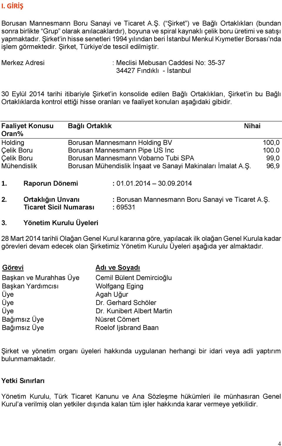 Merkez Adresi : Meclisi Mebusan Caddesi No: 35-37 34427 Fındıklı - İstanbul 30 Eylül 2014 tarihi itibariyle Şirket in konsolide edilen Bağlı Ortaklıkları, Şirket in bu Bağlı Ortaklıklarda kontrol