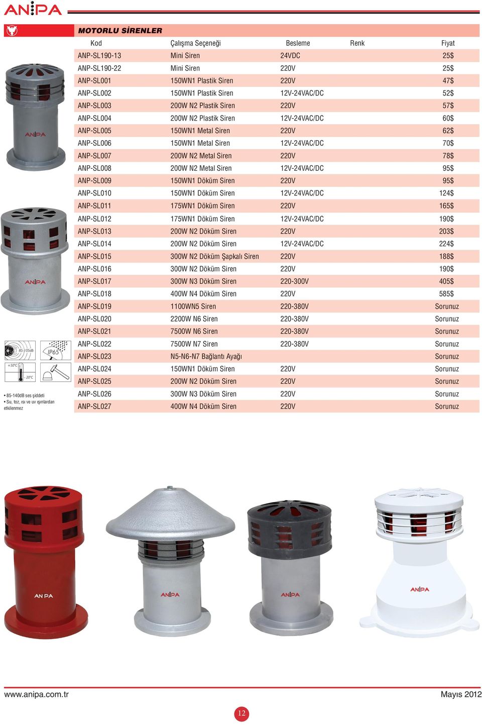 220V 62$ ANP-SL006 150WN1 Metal Siren 12V-24VAC/DC 70$ ANP-SL007 200W N2 Metal Siren 220V 78$ ANP-SL008 200W N2 Metal Siren 12V-24VAC/DC 95$ ANP-SL009 150WN1 Döküm Siren 220V 95$ ANP-SL010 150WN1