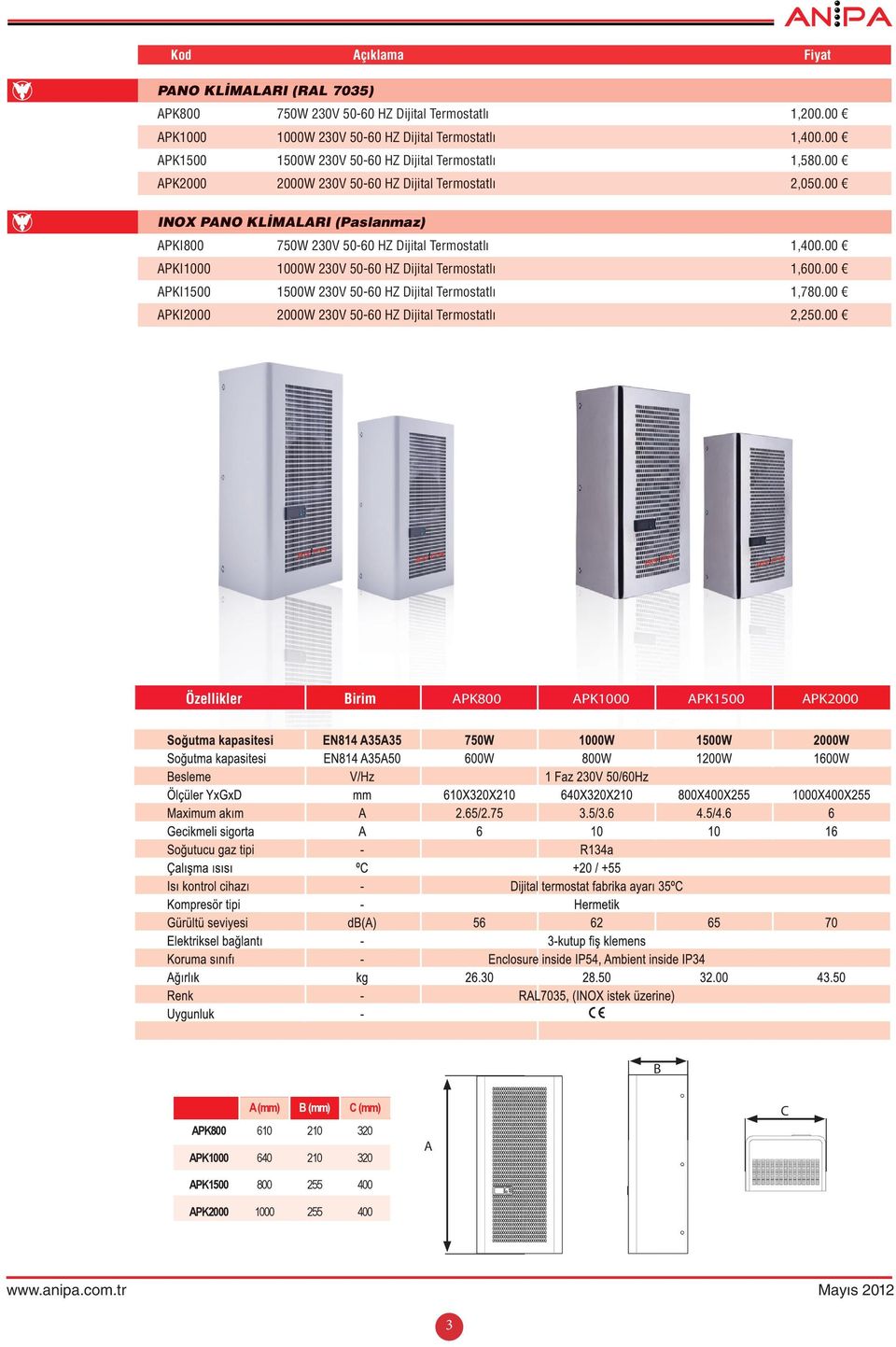 00 INOX PANO KLİMALARI (Paslanmaz) APKI800 750W 230V 50-60 HZ Dijital Termostatlı 1,400.00 APKI1000 1000W 230V 50-60 HZ Dijital Termostatlı 1,600.