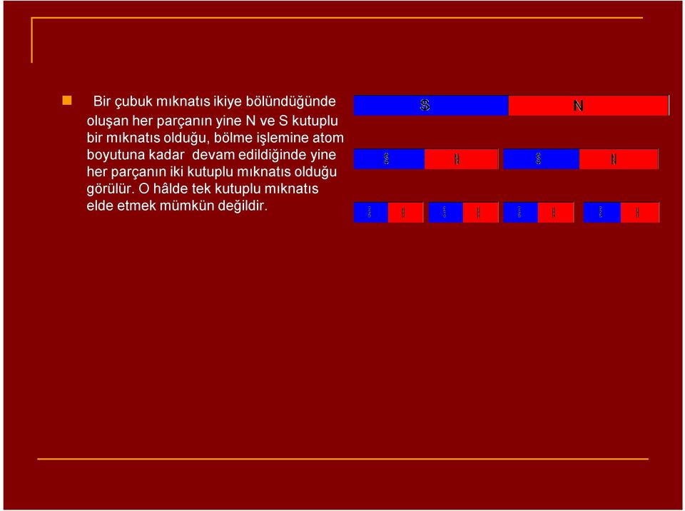 kadar devam edildiğinde yine her parçanın iki kutuplu mıknatıs