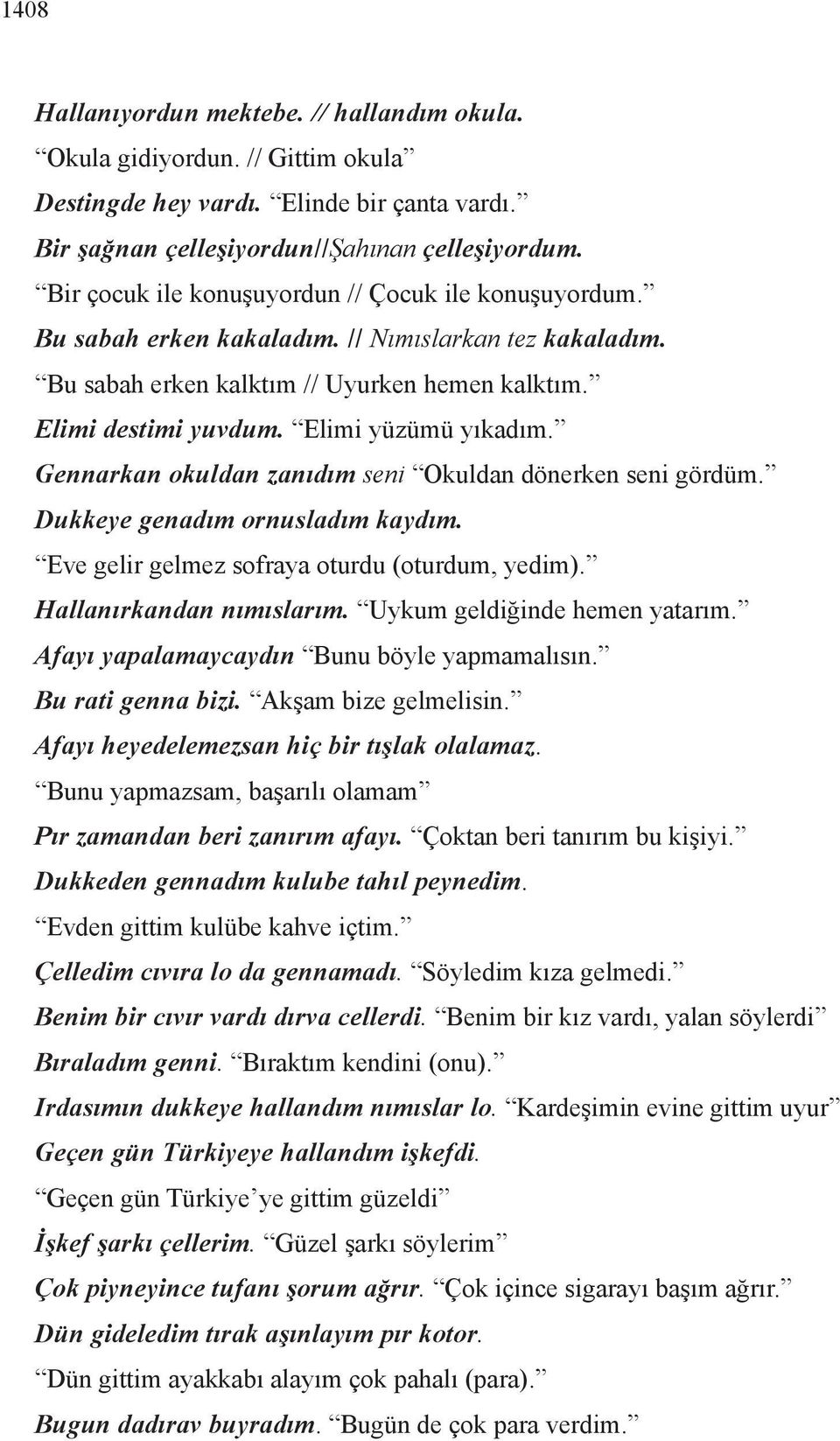 Elimi yüzümü yıkadım. Gennarkan okuldan zanıdım seni Okuldan dönerken seni gördüm. Dukkeye genadım ornusladım kaydım. Eve gelir gelmez sofraya oturdu (oturdum, yedim). Hallanırkandan nımıslarım.