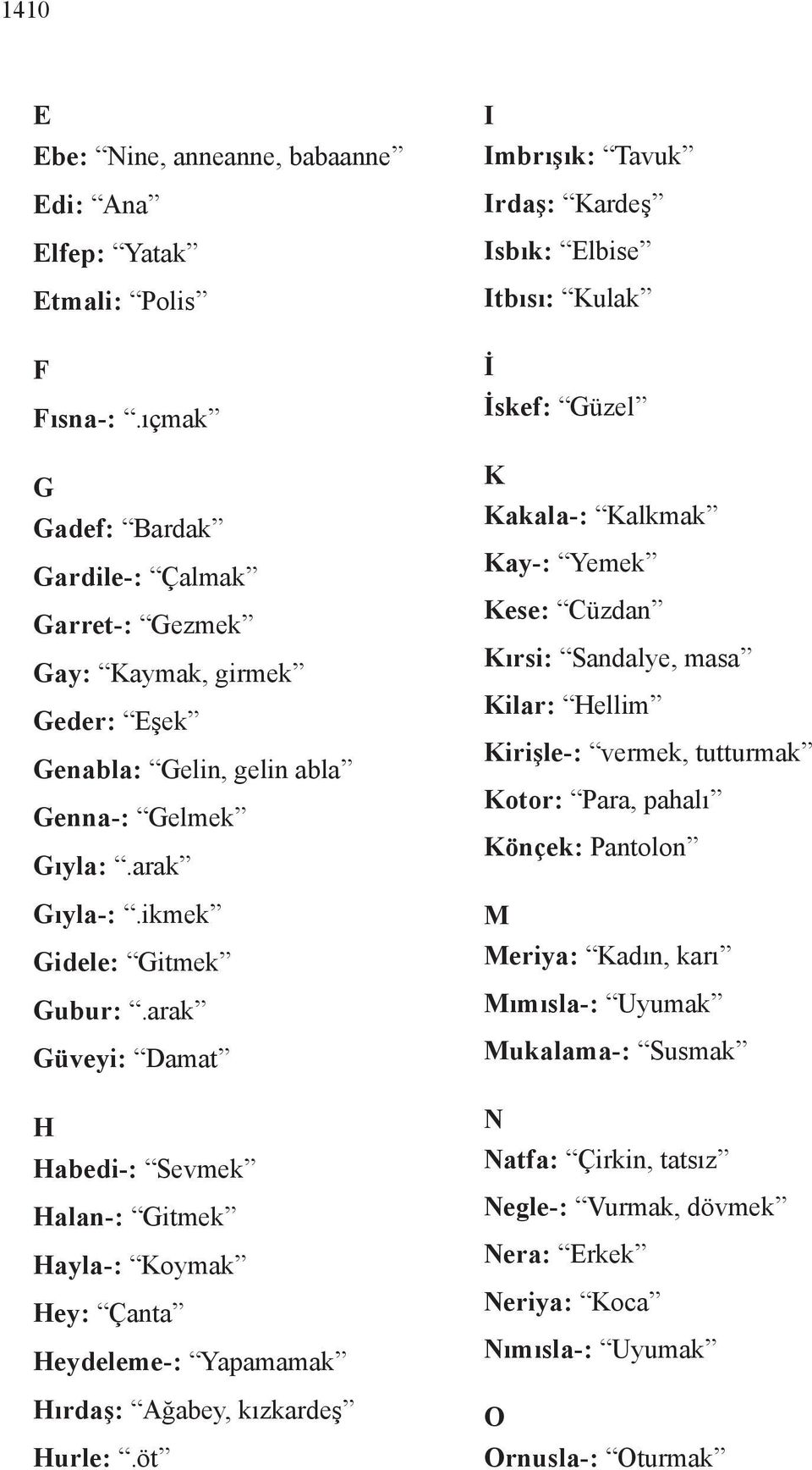 arak Güveyi: Damat H Habedi-: Sevmek Halan-: Gitmek Hayla-: Koymak Hey: Çanta Heydeleme-: Yapamamak Hırdaş: Ağabey, kızkardeş Hurle:.