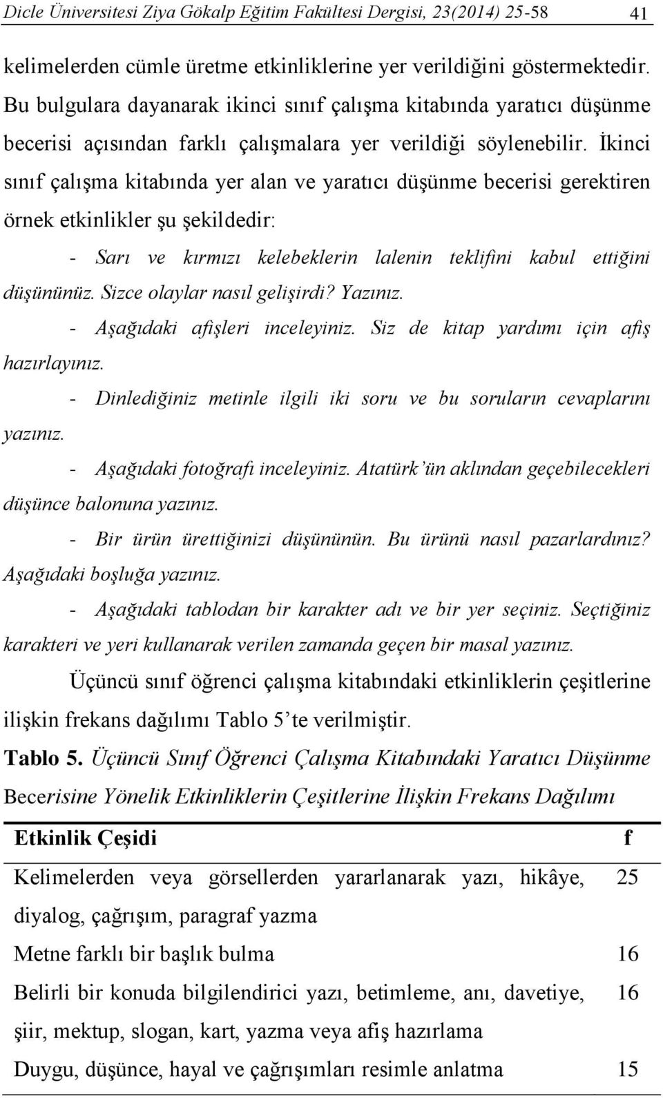 İkinci sınıf çalışma kitabında yer alan ve yaratıcı düşünme becerisi gerektiren örnek etkinlikler şu şekildedir: - Sarı ve kırmızı kelebeklerin lalenin teklifini kabul ettiğini düşününüz.