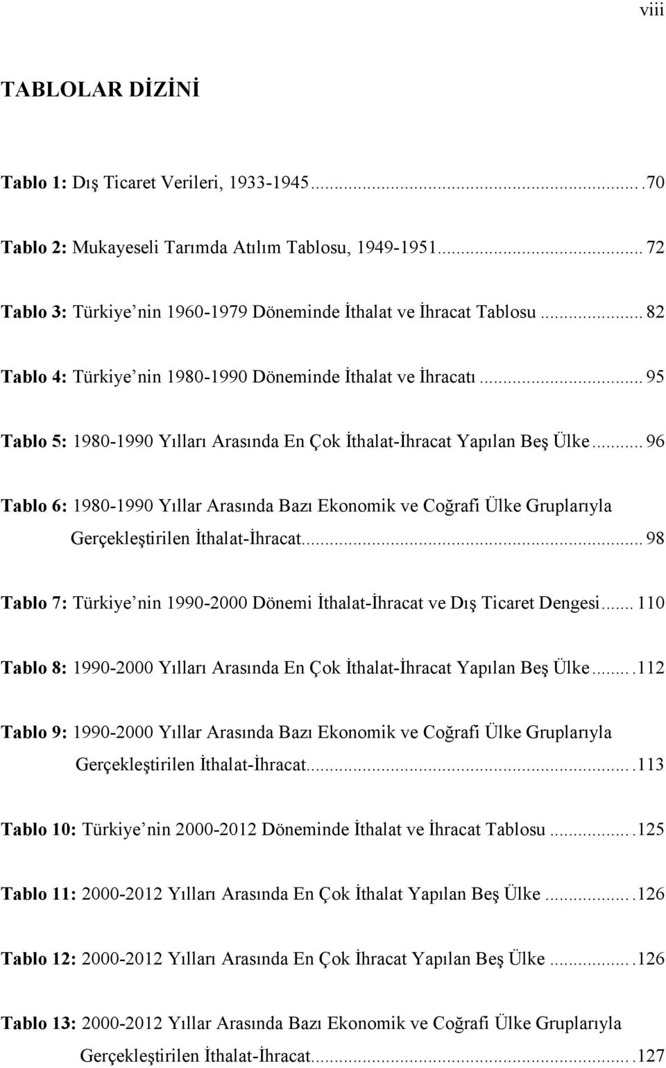 .. 96 Tablo 6: 1980-1990 Yıllar Arasında Bazı Ekonomik ve Coğrafi Ülke Gruplarıyla Gerçekleştirilen İthalat-İhracat... 98 Tablo 7: Türkiye nin 1990-2000 Dönemi İthalat-İhracat ve Dış Ticaret Dengesi.