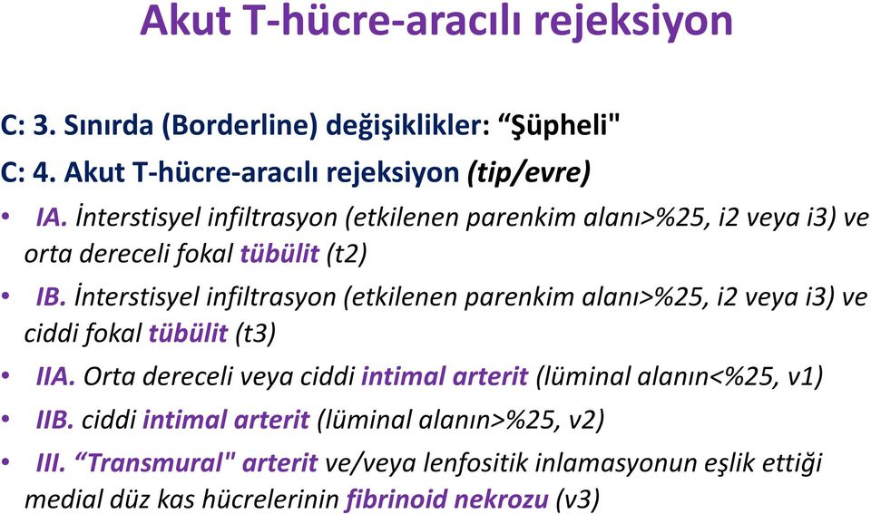 İnterstisyel infiltrasyon (etkilenen parenkim alanı>%25, i2 veya i3) ve ciddi fokal tübülit (t3) IIA.