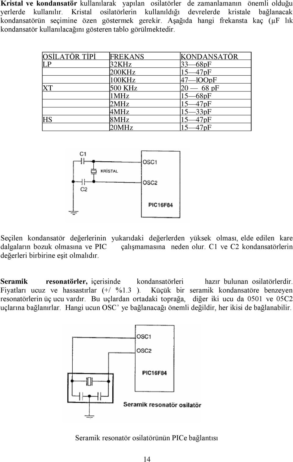 AĢağıda hangi frekansta kaç (µf lık kondansatör kullanılacağını gösteren tablo görülmektedir.