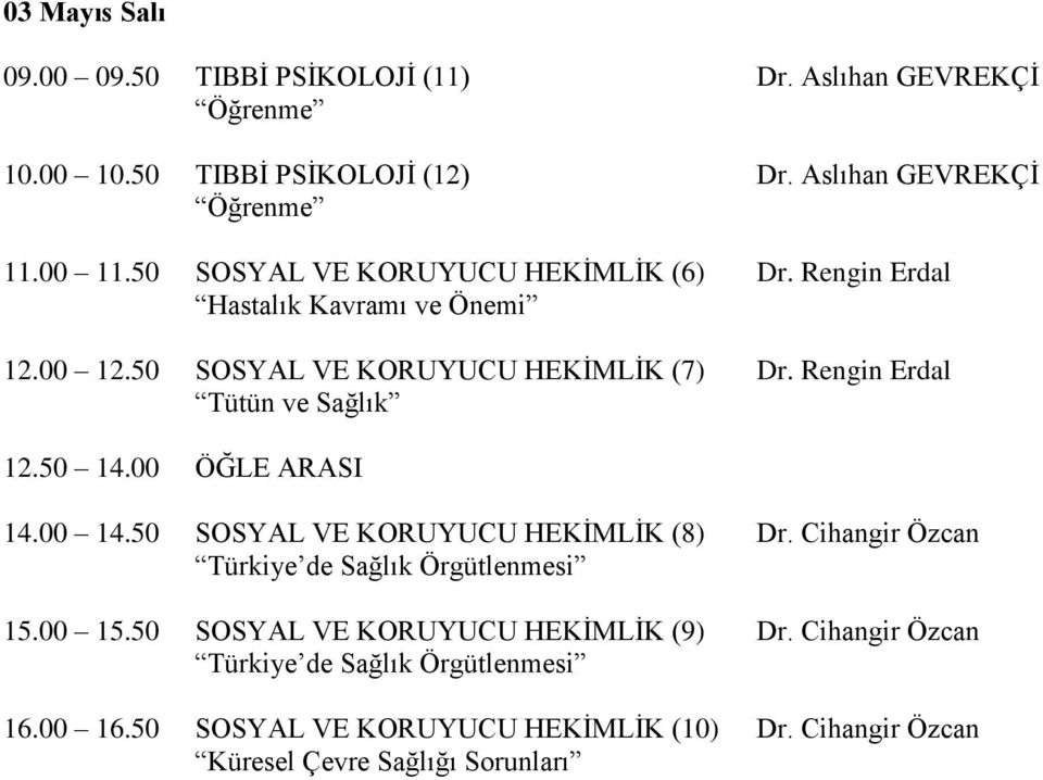 Rengin Erdal Dr. Rengin Erdal 14.00 14.50 SOSYAL VE KORUYUCU HEKİMLİK (8) Türkiye de Sağlık Örgütlenmesi 15.00 15.