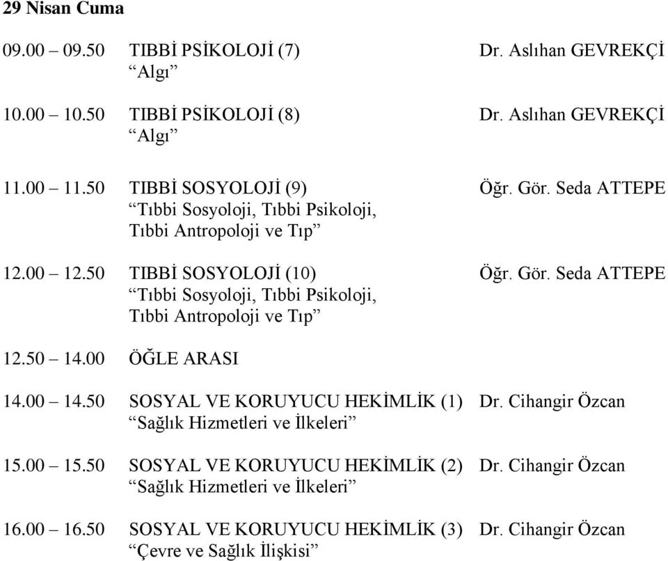 50 TIBBİ SOSYOLOJİ (10) Tıbbi Sosyoloji, Tıbbi Psikoloji, Tıbbi Antropoloji ve Tıp Öğr. Gör. Seda ATTEPE Öğr. Gör. Seda ATTEPE 14.00 14.