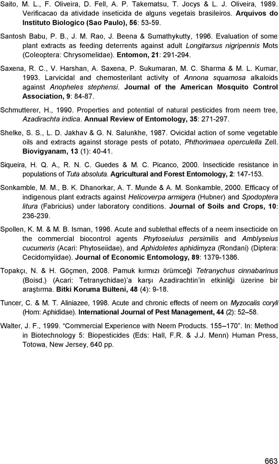 Evaluation of some plant extracts as feeding deterrents against adult Longitarsus nigripennis Mots (Coleoptera: Chrysomelidae). Entomon, 21: 291-294. Saxena, R. C., V. Harshan, A. Saxena, P.