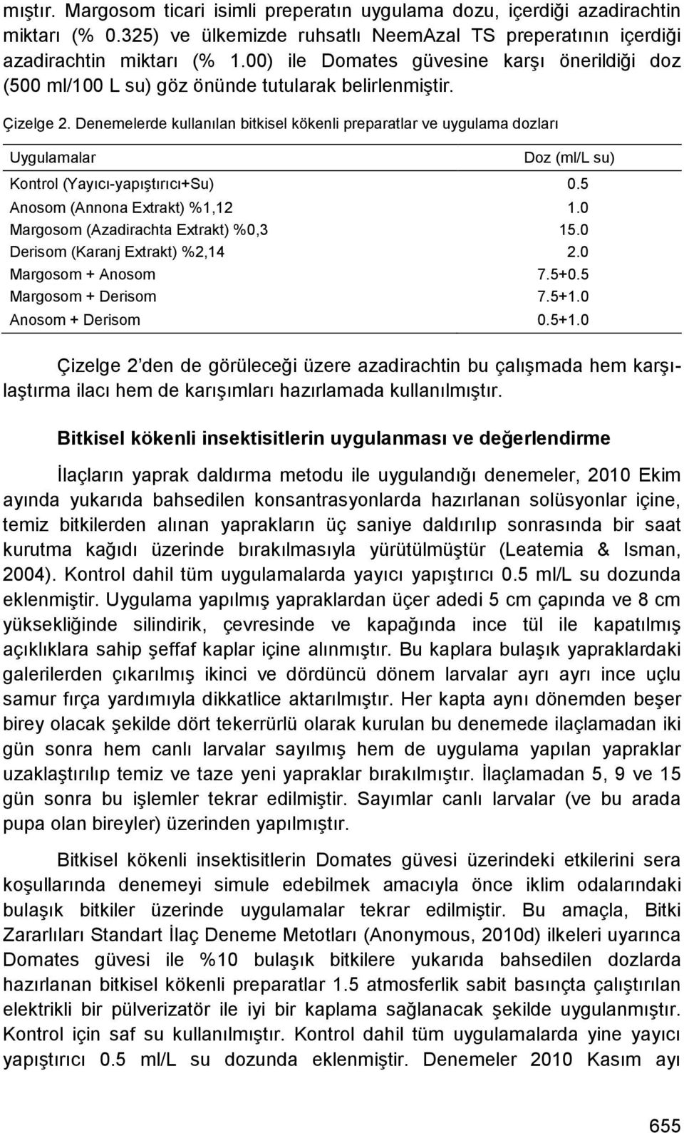 Denemelerde kullanılan bitkisel kökenli preparatlar ve uygulama dozları Uygulamalar Doz (ml/l su) Kontrol (Yayıcı-yapıĢtırıcı+Su) 0.5 Anosom (Annona Extrakt) %1,12 1.