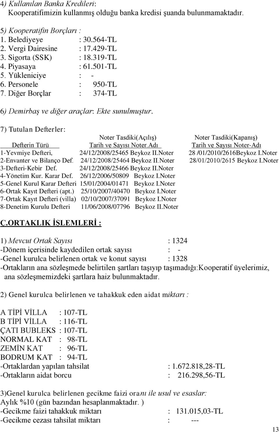 7) Tutulan Defterler: Noter Tasdiki(AçılıĢ) Noter Tasdiki(KapanıĢ) Defterin Türü Tarih ve Sayısı Noter.Adı Tarih ve Sayısı Noter-Adı 1-Yevmiye Defteri, 24/12/2008/25465 Beykoz II.