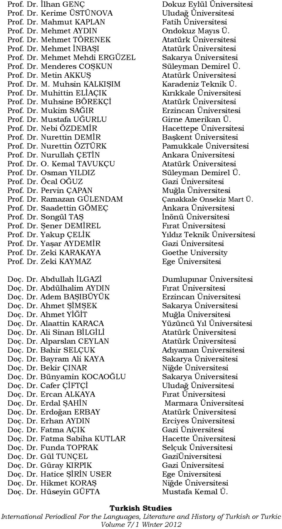 Prof. Dr. Muhittin ELĠAÇIK Kırıkkale Üniversitesi Prof. Dr. Muhsine BÖREKÇĠ Atatürk Üniversitesi Prof. Dr. Mukim SAĞIR Erzincan Üniversitesi Prof. Dr. Mustafa UĞURLU Girne Amerikan Ü. Prof. Dr. Nebi ÖZDEMĠR Hacettepe Üniversitesi Prof.