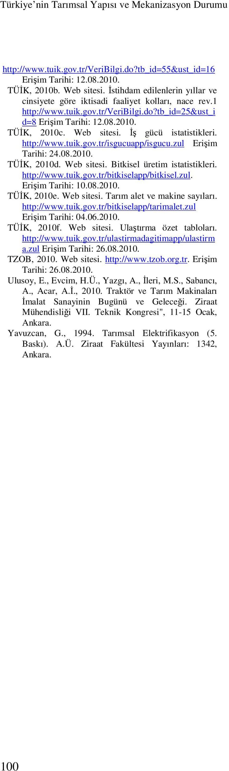 İş gücü istatistikleri. http://www.tuik.gov.tr/isgucuapp/isgucu.zul Erişim Tarihi: 24.08.2010. TÜİK, 2010d. Web sitesi. Bitkisel üretim istatistikleri. http://www.tuik.gov.tr/bitkiselapp/bitkisel.zul. Erişim Tarihi: 10.