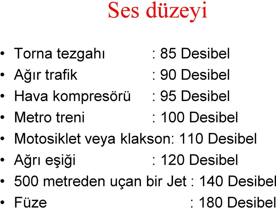 Desibel Motosiklet veya klakson: 110 Desibel Ağrı eşiği :