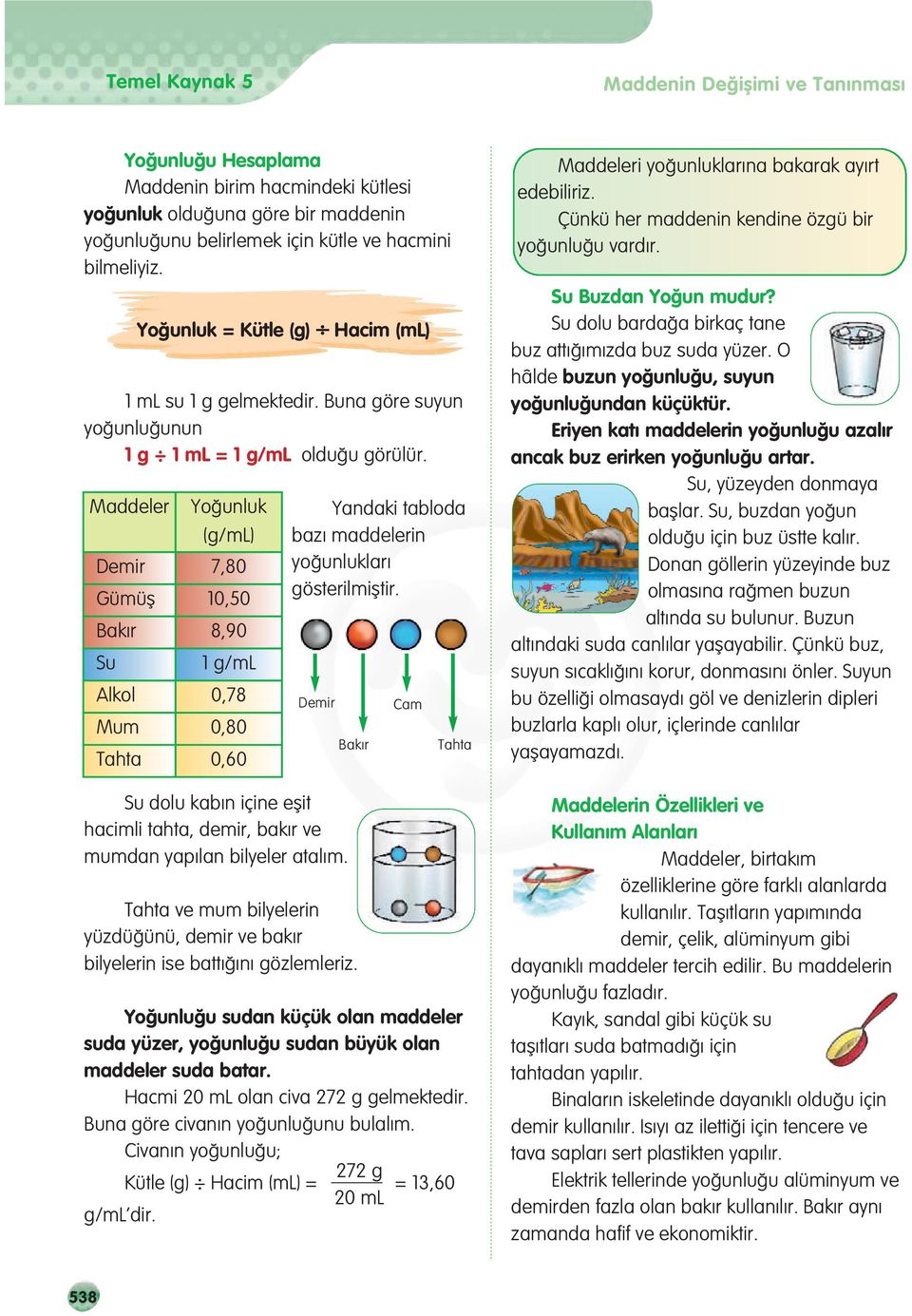 Maddeler Yo unluk = Kütle (g) Hacim (ml) Yo unluk (g/ml) Demir 7,80 Gümüfl 10,50 Bak r 8,90 Su 1 g/ml Alkol 0,78 Mum 0,80 Tahta 0,60 Su dolu kab n içine eflit hacimli tahta, demir, bak r ve mumdan