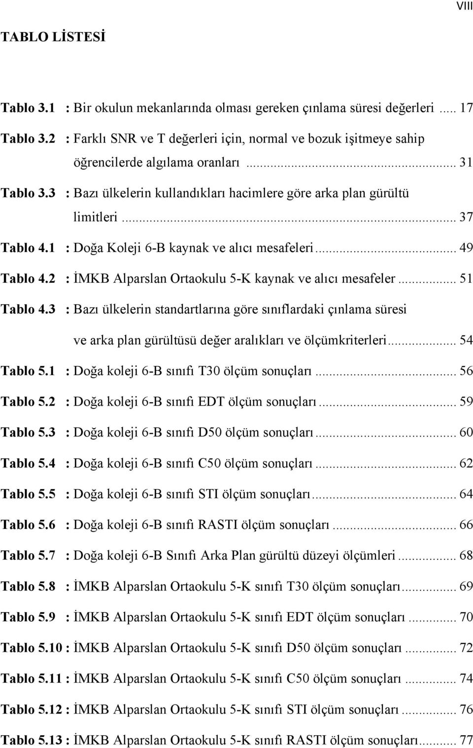 1 : Doğa Koleji 6-B kaynak ve alıcı mesafeleri... 49 Tablo 4.2 : İMKB Alparslan Ortaokulu 5-K kaynak ve alıcı mesafeler... 51 Tablo 4.