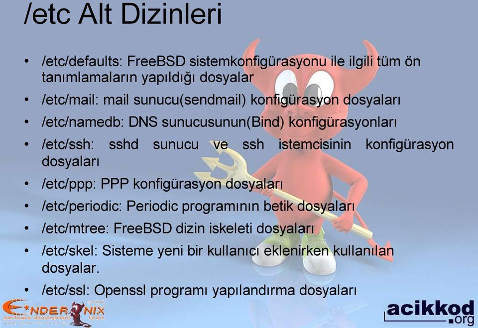 konfigürasyon dosyaları /etc/ppp: PPP konfigürasyon dosyaları /etc/periodic: Periodic programının betik dosyaları /etc/mtree: FreeBSD